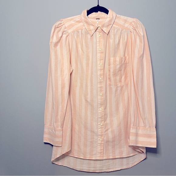 FREE PEOPLE Candy Striper Pink Puff Shoulder Button-Up Shirt Small - Picture 1 of 4